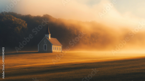 Dawn serene meadow unfolds beneath the sky, where mist gently blankets grass, framing church building embodies beauty of nature, spirit Christianity as sunrise casts a warm glow over landscape.