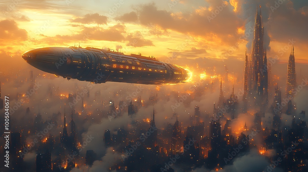 Futuristic spaceship flying over a cityscape at sunset with dramatic clouds. Futuristic spaceship flying over a cityscape at sunset with dramatic clouds.