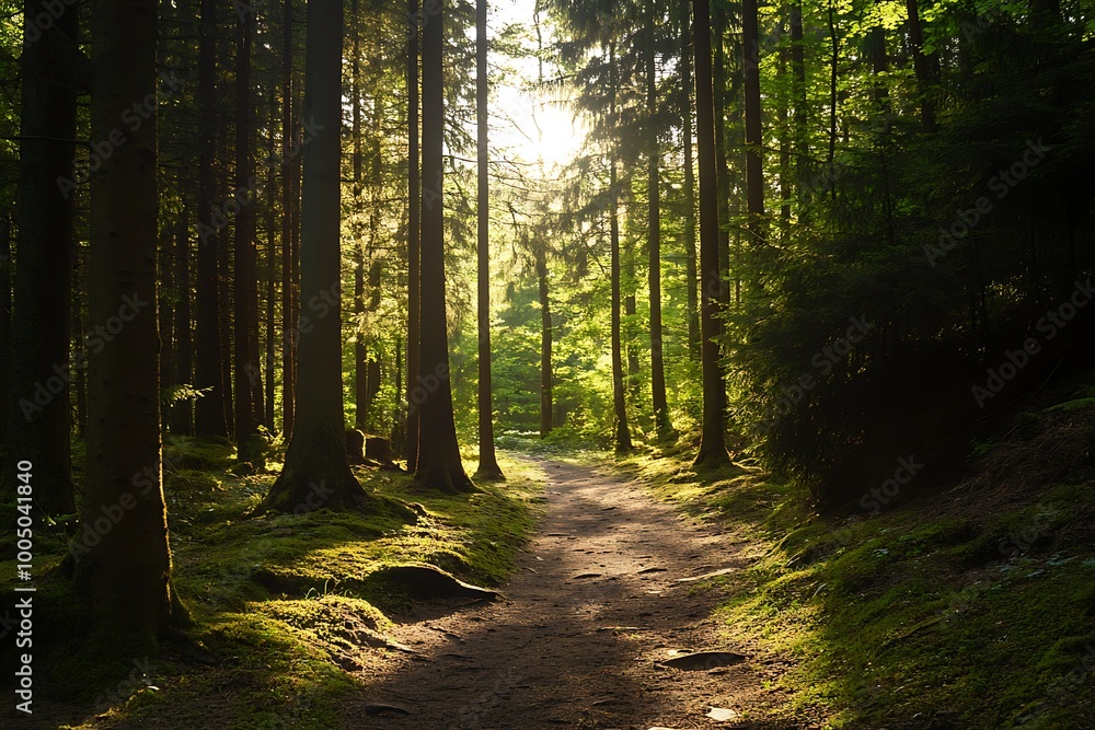 Sunlight streaming through forest canopy, creating a path of light through the trees. Nature landscape, wilderness, tranquility. Sunlight streaming through forest canopy, creating a path of light through the trees. Nature landscape, wilderness, tranquility.