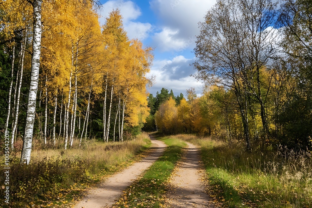 Fototapeta premium Golden Autumn Forest Path, Dirt Road through Trees with Blue Sky
