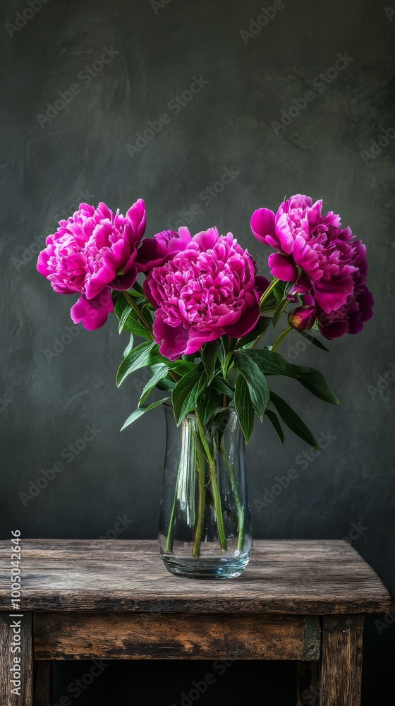 Vibrant pink peonies in a glass vase Vibrant pink peonies in a glass vase