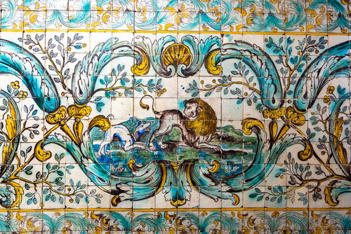 Traditional Portuguese tiles called azulejo, as seen in museum in Lisbon, Portugal