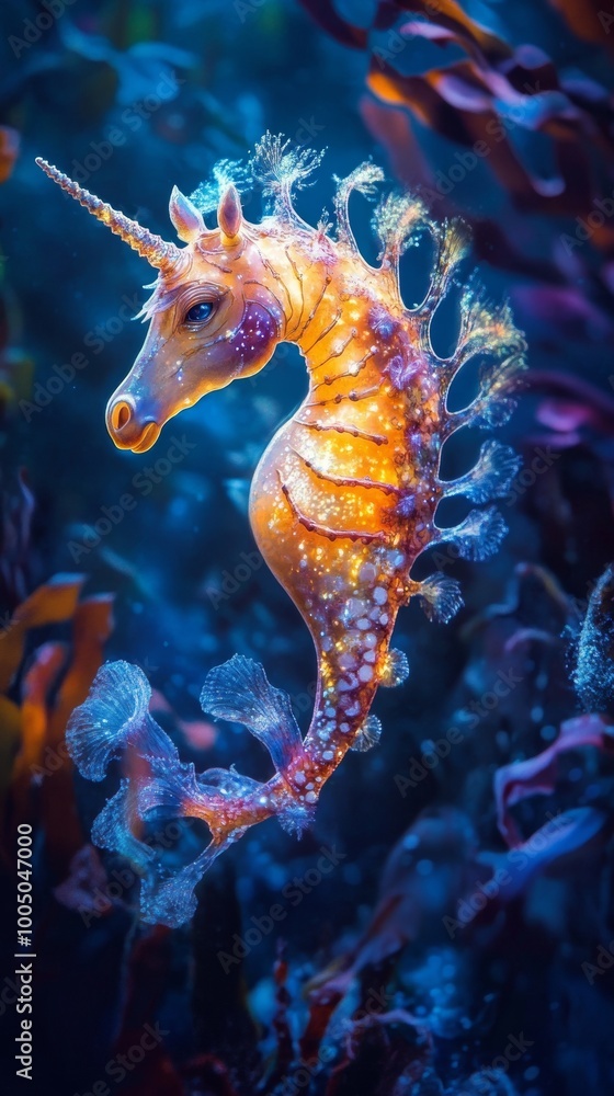 Fantasy seahorse with unicorn horn glimmering in Fantasy seahorse with unicorn horn glimmering in