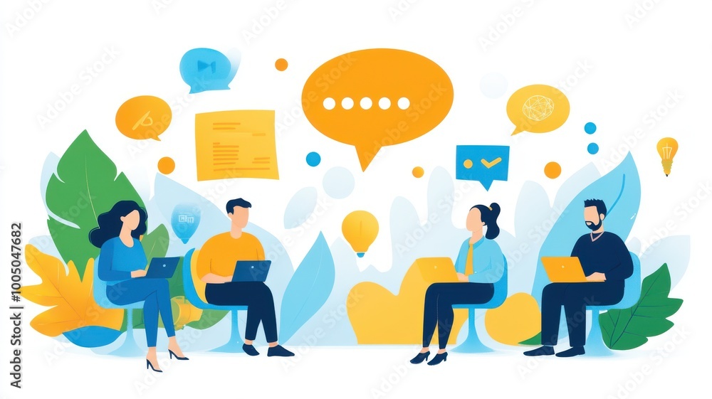 Group of professionals engaged in discussion with laptops and communication bubbles. Group of professionals engaged in discussion with laptops and communication bubbles.