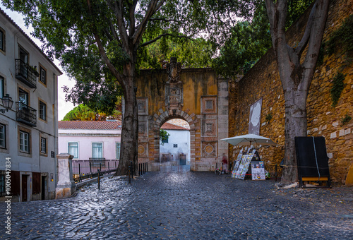 Twilight view of Alfama, one of Lisbon’s oldest areas with shops selling traditional crafts and cafes, Portugal