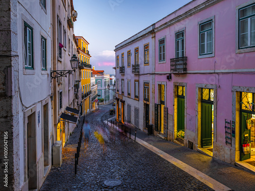 Twilight view of Alfama, one of Lisbon’s oldest areas with shops selling traditional crafts and cafes, Portugal