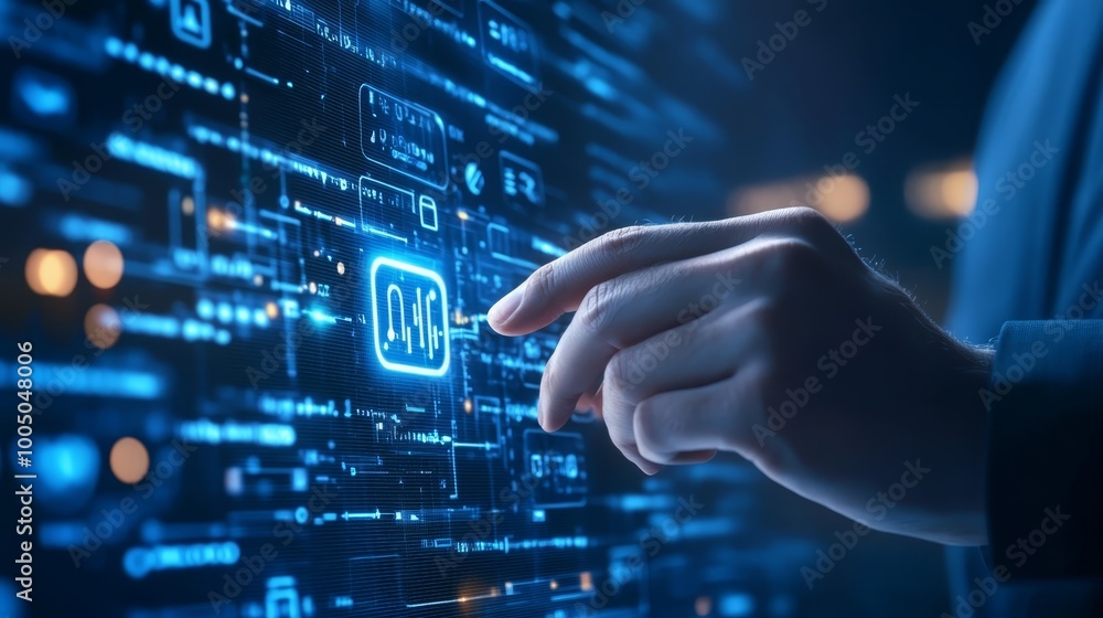 Connecting with the digital realm, a fingertip's touch on luminous interface