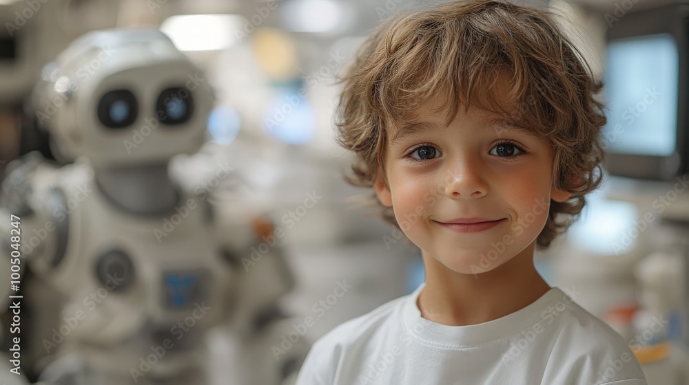 A smiling child interacting with a friendly robot in a futuristic setting. A smiling child interacting with a friendly robot in a futuristic setting.