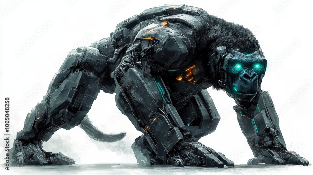 Fototapeta premium A robotic gorilla with glowing blue eyes, on a white isolated background.