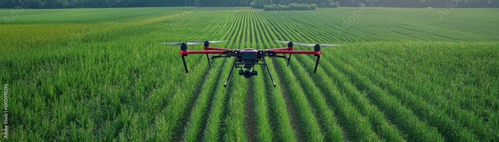 Red drone soars above verdant field, capturing the beauty of nature from a unique perspective Red drone soars above verdant field, capturing the beauty of nature from a unique perspective