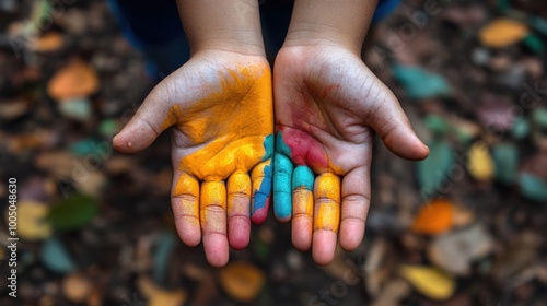 Colorful hands holding vibrant paints amidst nature's backdrop.