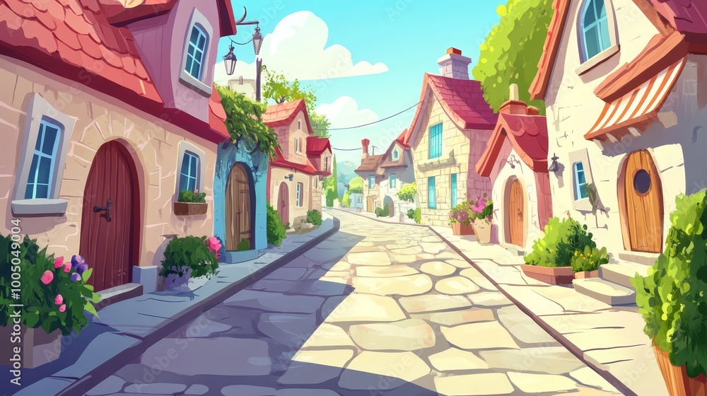 Fototapeta premium Whimsical cartoon street, a colorful and charming small town illustration with blue sky