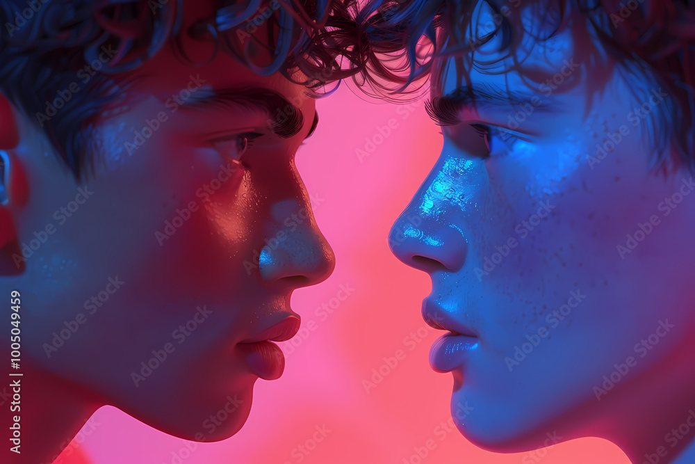 Two young men with curly hair face each other, illuminated by vibrant pink and blue lighting, creating a striking and intimate mood. Two young men with curly hair face each other, illuminated by vibrant pink and blue lighting, creating a striking and intimate mood.