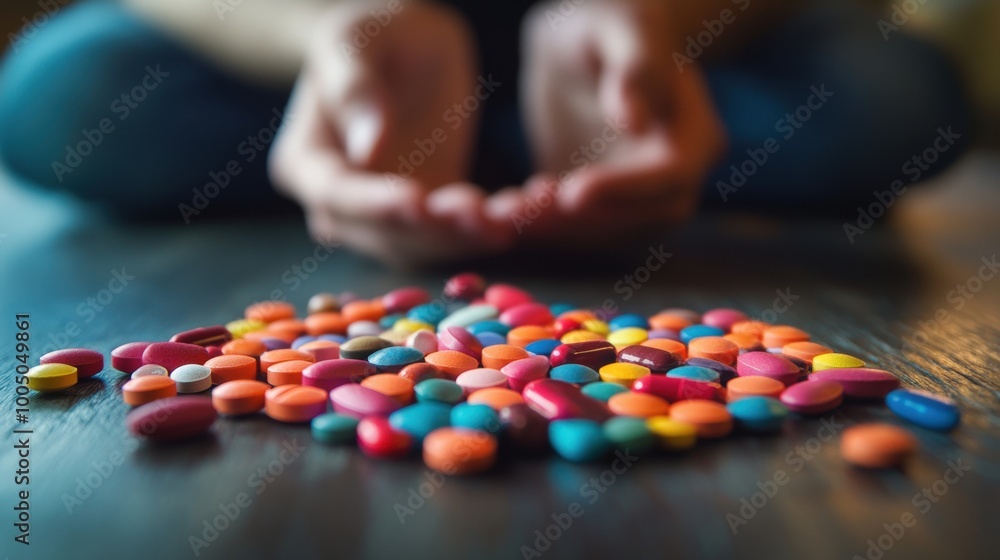 Fototapeta premium Hands reaching for a vibrant assortment of colorful pills on a wooden surface.