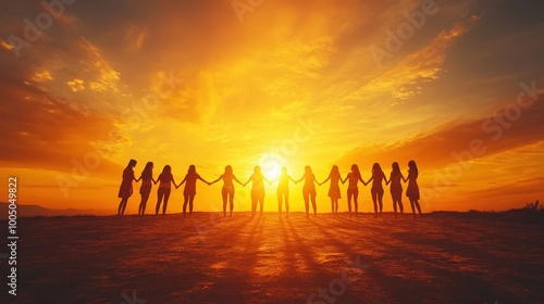 Group of people holding hands against a stunning sunset backdrop.