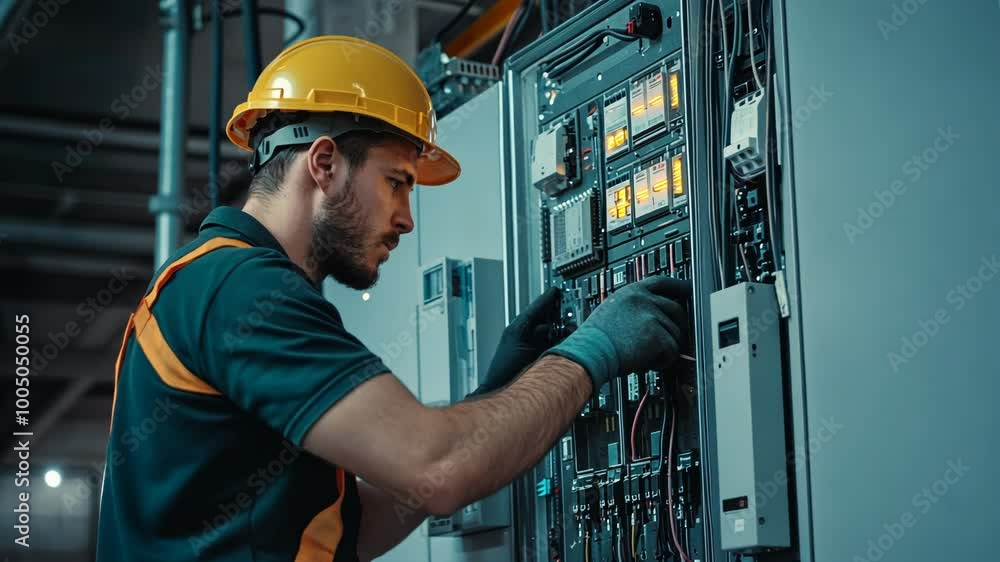 Electrician Working on Industrial Control Panel Electrician Working on Industrial Control Panel