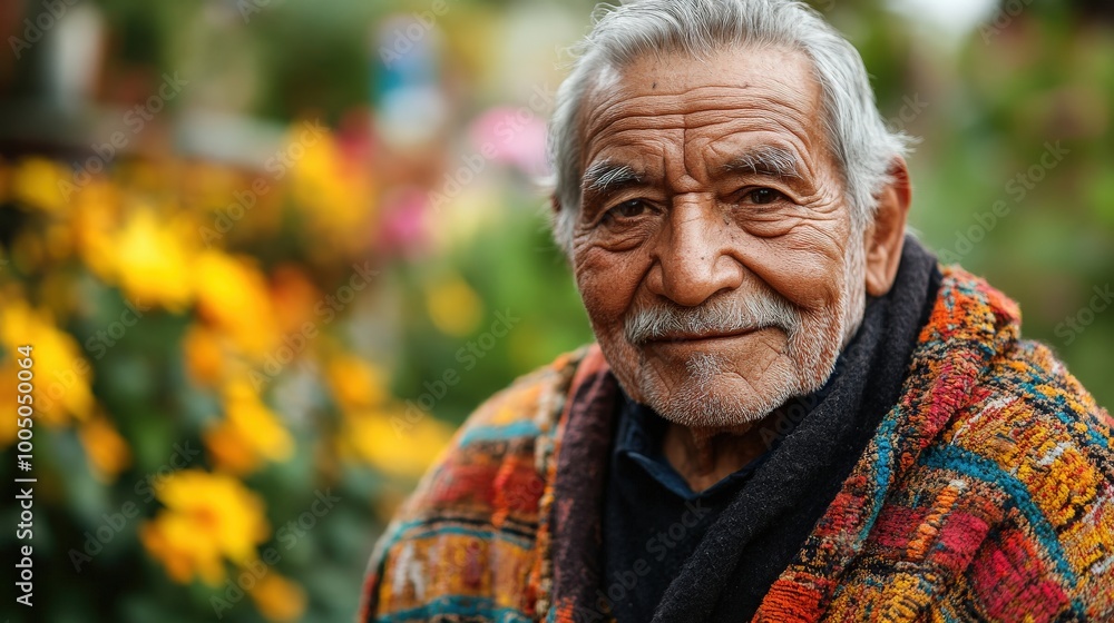 Portrait of an elderly man smiling in a colorful garden. Portrait of an elderly man smiling in a colorful garden.