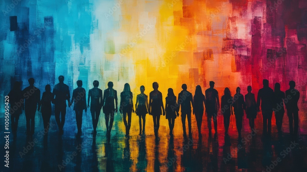 Silhouettes of diverse individuals against a vibrant abstract background. Silhouettes of diverse individuals against a vibrant abstract background.