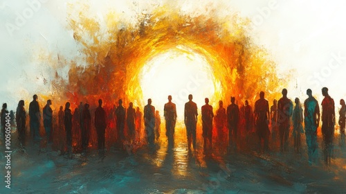 Silhouettes of people gathering around a bright sunset, vibrant abstract background.