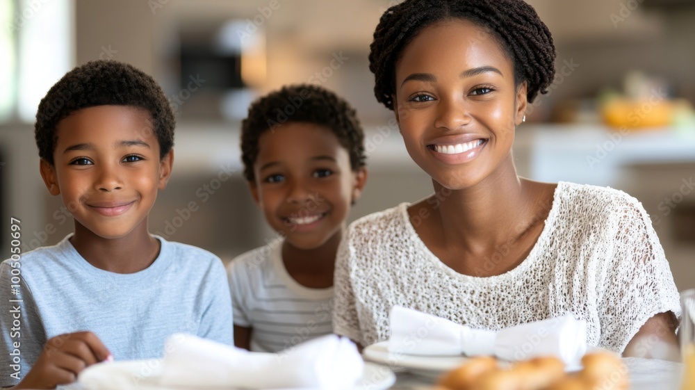 Happy family enjoying time together at home, smiling and sharing a meal. Happy family enjoying time together at home, smiling and sharing a meal.