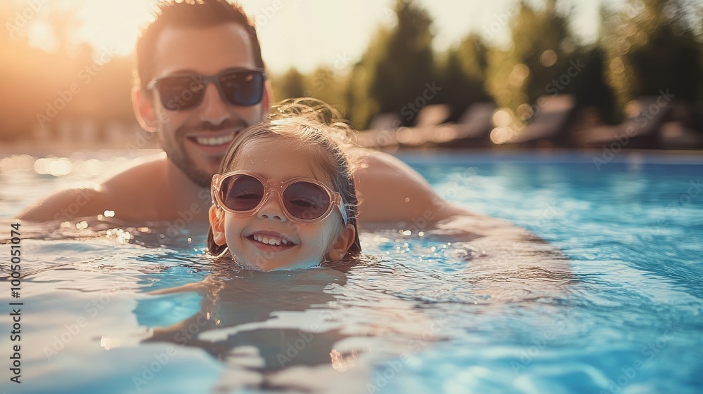 Happy father and daughter swimming in pool during summer sunset. Happy father and daughter swimming in pool during summer sunset.