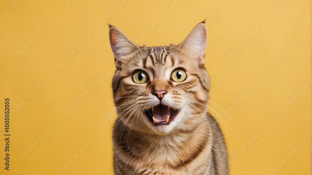 Cat standing in front of a yellow background posing with its mouth open, advertising space Cat standing in front of a yellow background posing with its mouth open, advertising space