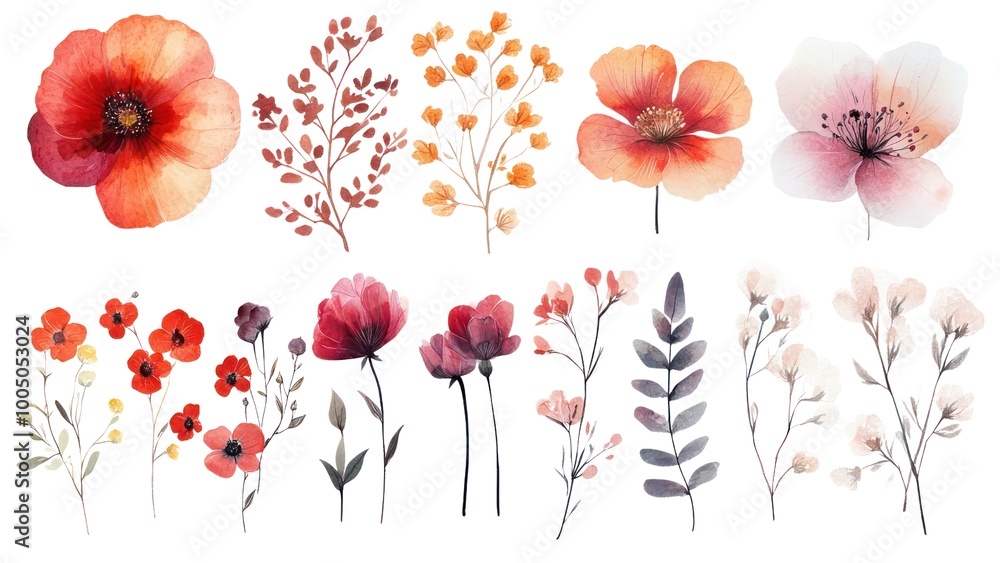 Obraz premium A collection of watercolor flowers in various shades of red and pink