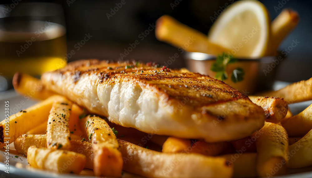 Close-up of Crispy Fried Fish with French Fries. Close-up of Crispy Fried Fish with French Fries.