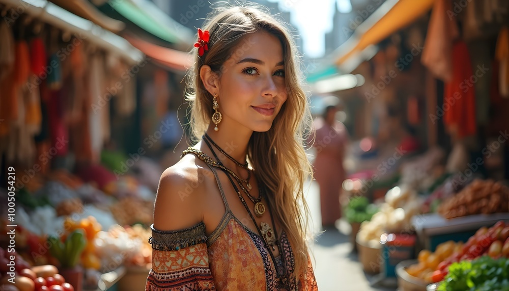Obraz premium Blonde Woman in Bohemian Style Clothes Shopping at an Outdoor Market.