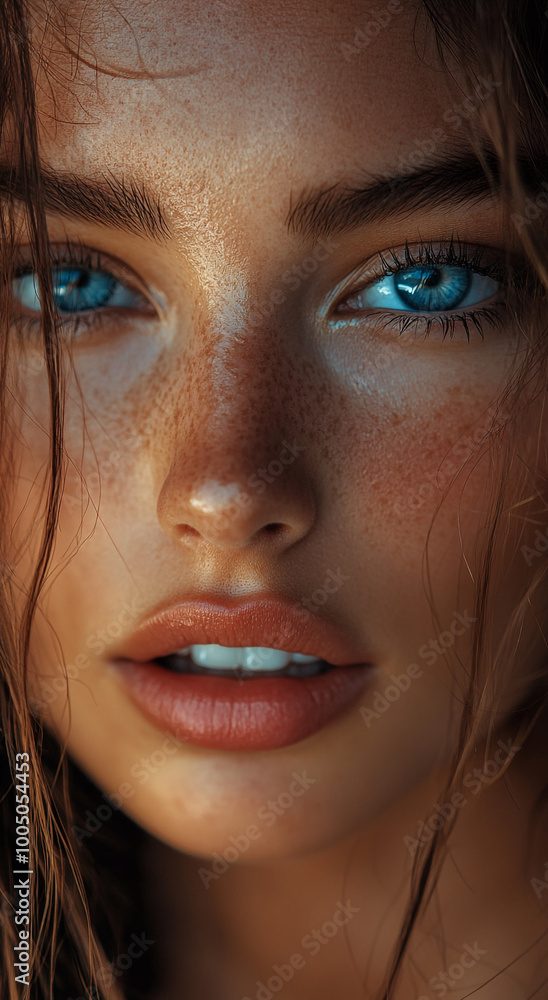 Close-up of a Stunning Woman with Blue Eyes and Freckles – Ultra-Realistic Beauty Portrait Close-up of a Stunning Woman with Blue Eyes and Freckles – Ultra-Realistic Beauty Portrait