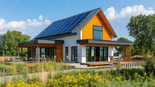 Sustainable living in a modern home featuring innovative solar panels on the roof for clean energy production living beautiful house equipped with on its roof exemplifying renewable energy and living