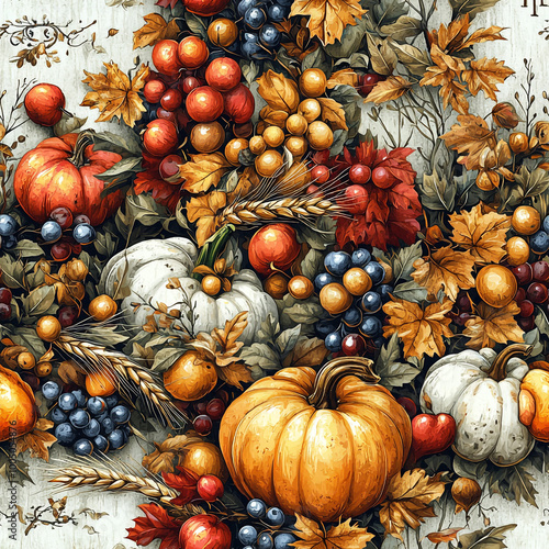 Seamless Thanksgiving Pattern Featuring Turkeys, Pumpkins, and Autumn Elements – Cozy Harvest Design photo