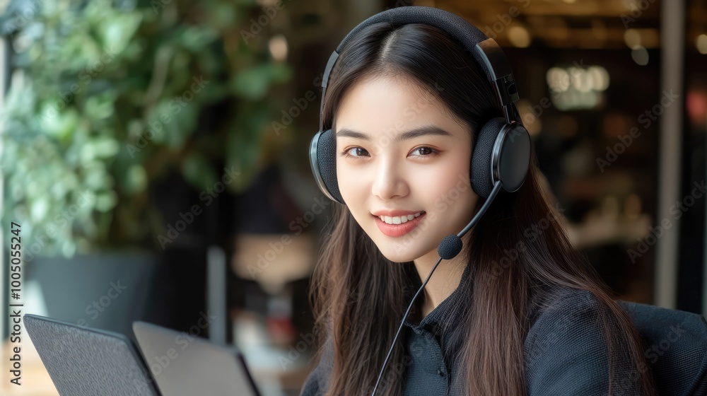 Portrait of beautiful young Asian woman looking into camera. Call center agent with headset working on support hotline in modern office Portrait of beautiful young Asian woman looking into camera. Call center agent with headset working on support hotline in modern office