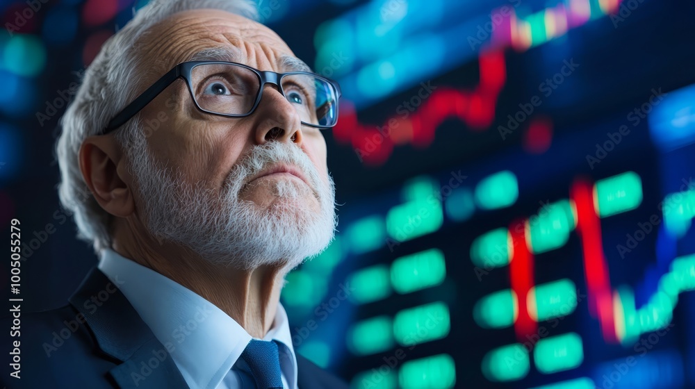 Determined investor with glasses gazes upward at the dynamic stock market landscape determined a focused man Determined investor with glasses gazes upward at the dynamic stock market landscape determined a focused man