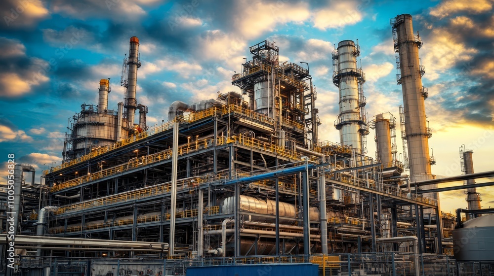 A comprehensive overview of large industrial plant featuring an extensive network of pipes A comprehensive overview of large industrial plant featuring an extensive network of pipes