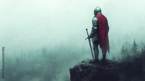 Knight in armor with a red cape standing on a cliff during foggy weather. photo