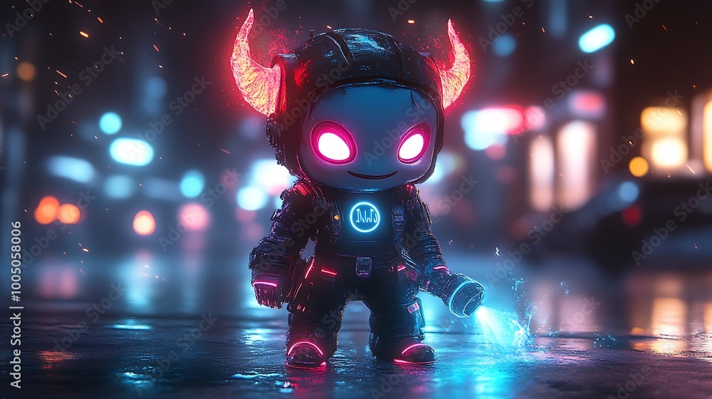 Cyberpunk Demon Character with Glowing Horns in a Neon City Cyberpunk Demon Character with Glowing Horns in a Neon City