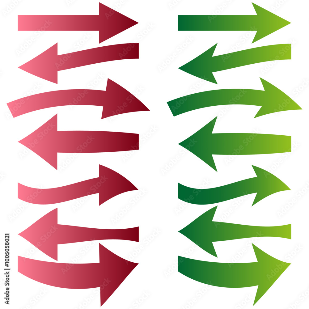 Curved green arrows. Red bent arrows. Abstract motion design. Opposite direction. Curved green arrows. Red bent arrows. Abstract motion design. Opposite direction.