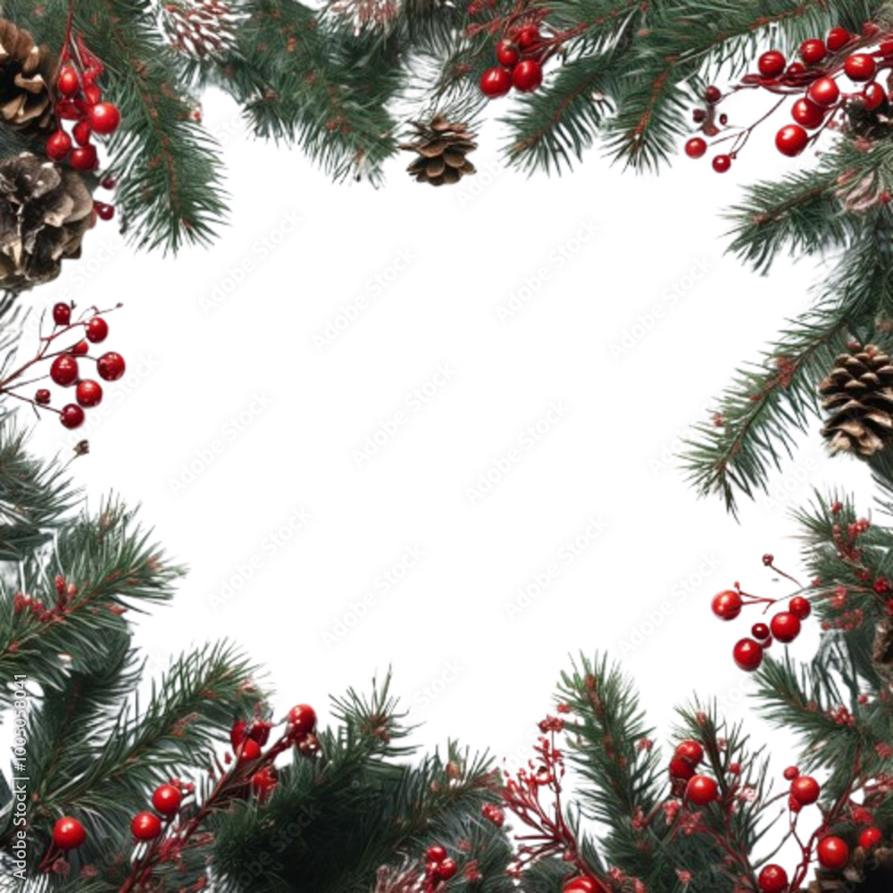 Christmas Border frame of tree branches red berries and pine cones Christmas Border frame of tree branches red berries and pine cones