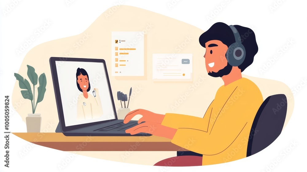A focused man engaged in productive multitasking at her modern home office desk with laptop and headphones A focused man engaged in productive multitasking at her modern home office desk with laptop and headphones