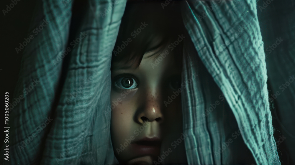 A visual of a young child hiding under the covers, eyes wide with fear, afraid of what lurks in the dark. A visual of a young child hiding under the covers, eyes wide with fear, afraid of what lurks in the dark.