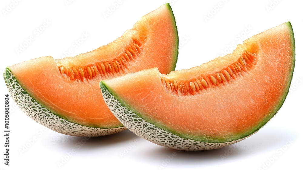 Two slices of cantaloupe on a white background Two slices of cantaloupe on a white background
