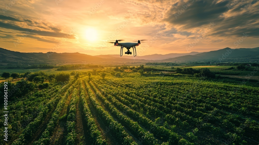 Captivating aerial view of a drone flying over expansive fields of diverse crops in rural agriculture Captivating aerial view of a drone flying over expansive fields of diverse crops in rural agriculture