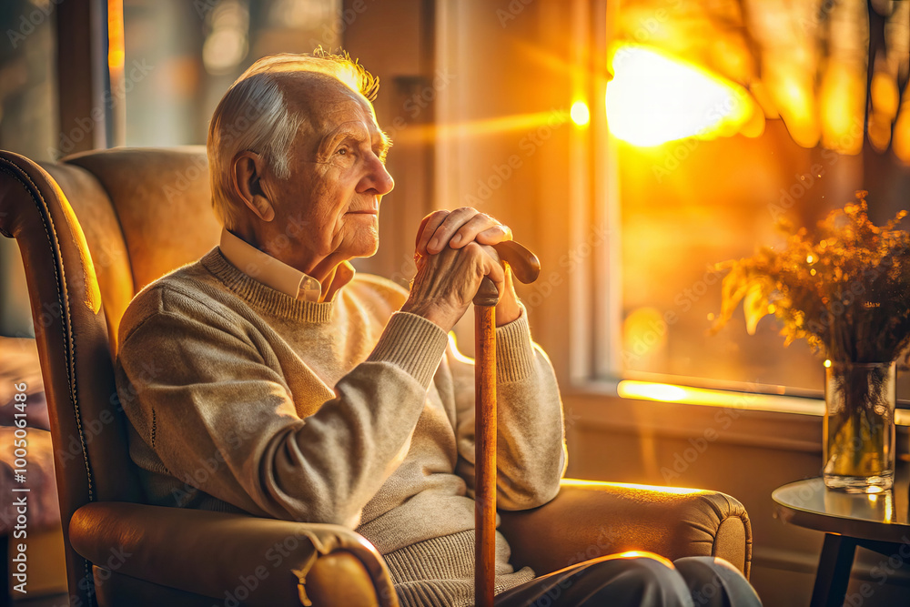 thoughtful elderly man sits in cozy armchair, enjoying sunset thoughtful elderly man sits in cozy armchair, enjoying sunset