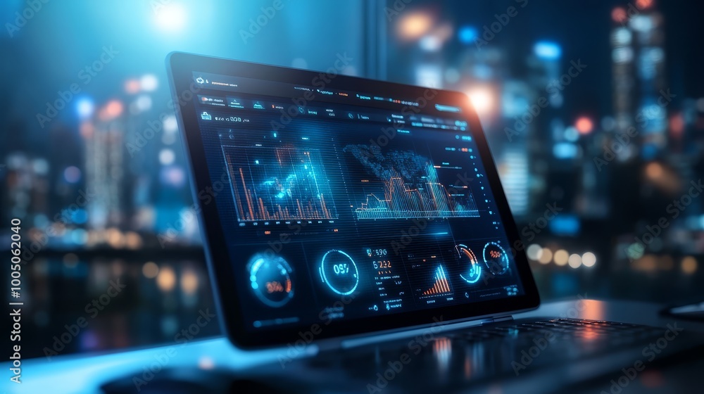 A modern laptop showcasing an innovative dashboard for realtime data monitoring and analytics in digital environment A modern laptop showcasing an innovative dashboard for realtime data monitoring and analytics in digital environment
