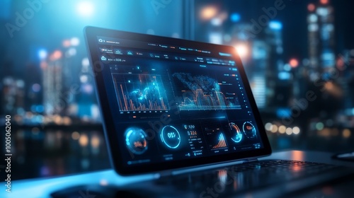 A modern laptop showcasing an innovative dashboard for realtime data monitoring and analytics in digital environment