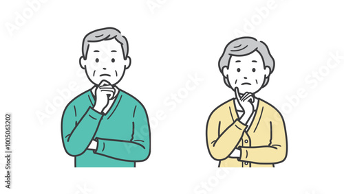 顔に手を当てて悩む高齢者男女の上半身イラスト

