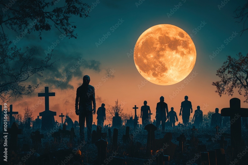 Zombies walking in the creepy cemetery at night and big full moon in the sky: horror and Halloween concept - generative ai Zombies walking in the creepy cemetery at night and big full moon in the sky: horror and Halloween concept - generative ai