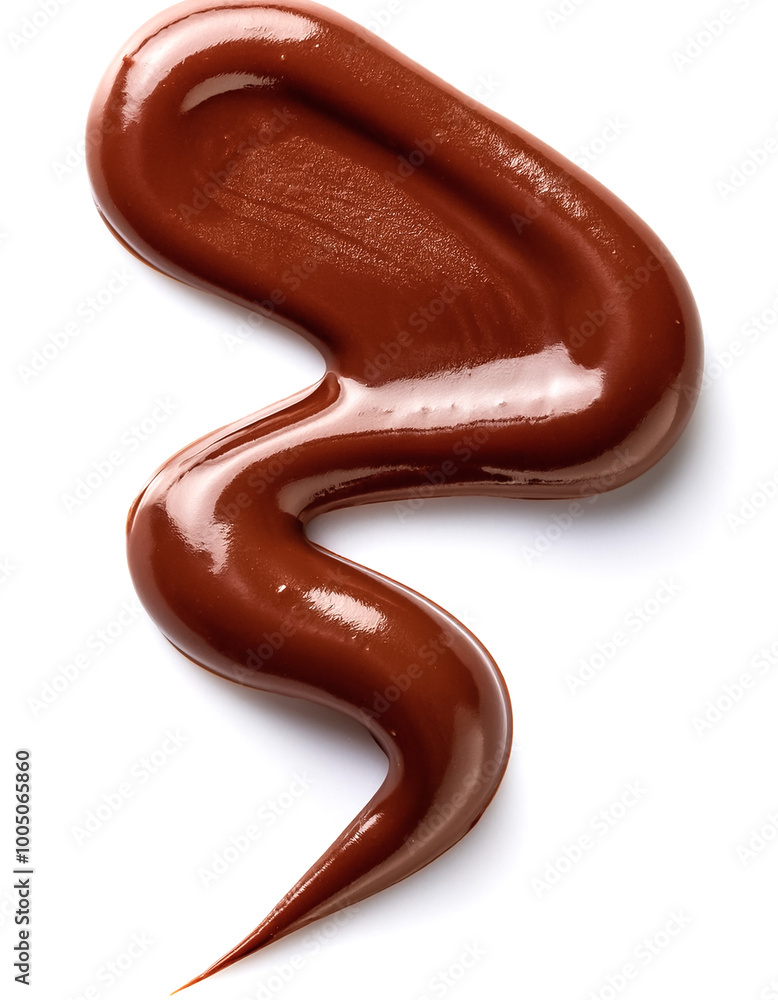 Smear of liquid chocolate flowing on a white background, showing a tempting shine Smear of liquid chocolate flowing on a white background, showing a tempting shine