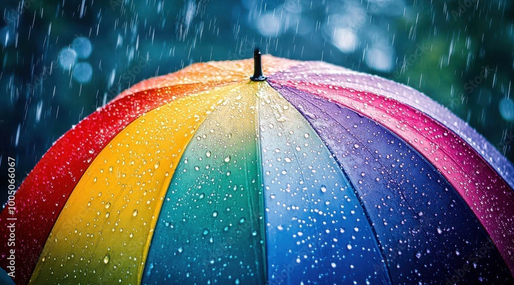 Fototapeta premium A vibrant rainbow-colored umbrella covered in raindrops during a rainy day, with blurred blue background suggesting wet weather. 